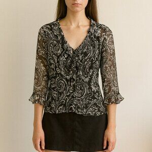 Vintage Y2K Silk Fairy Core Paisley Print Flowy Long Sleeve Blouse Size Large